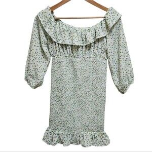 Forever 21 Dress Women S Green Floral On Off Shoulder Ruffle Smock Mini Babydoll